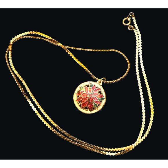Heavy HMK Signed Cloisonné Poinsettia Pendant Necklace On 26" Chain - Picture 5 of 9